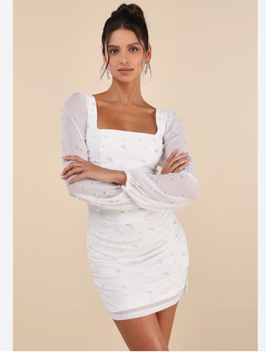 Lulu's White Pearl-Embellished Square Neck Mini Dress